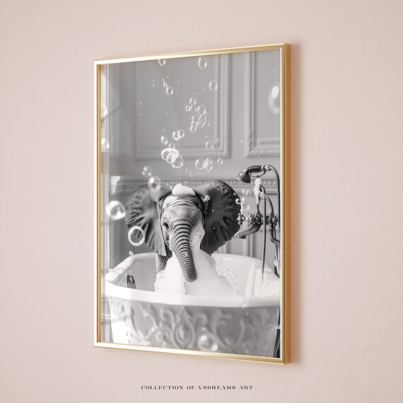 Cute Elephant In Tub Wall Art Elephant Photo Elephant Art Bathroom Art Print Bathroom Poster Nursery Bath Decor Baby Elephant