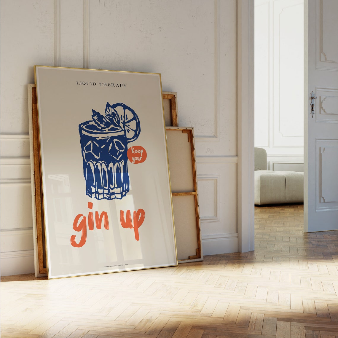 Liquid Therapy Gin Up Retro Blue Cocktail Glass Orange Script Poster - Image 5