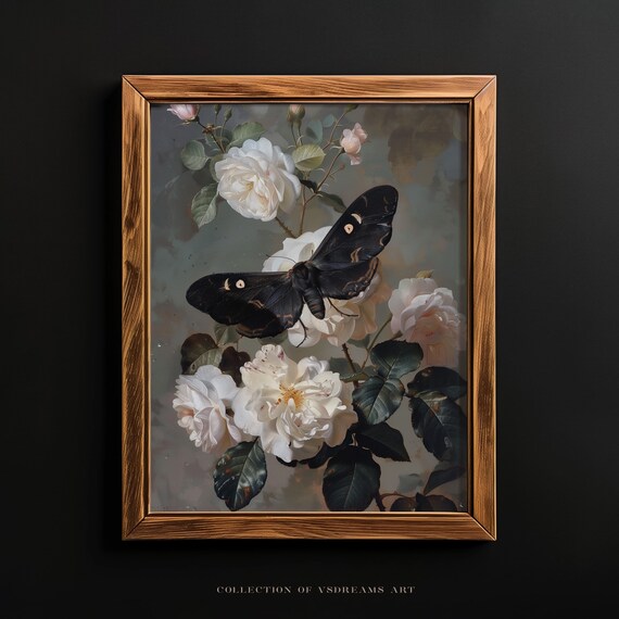 Black Moth White Roses Dark Floral Gothic Botanical Insect Poster