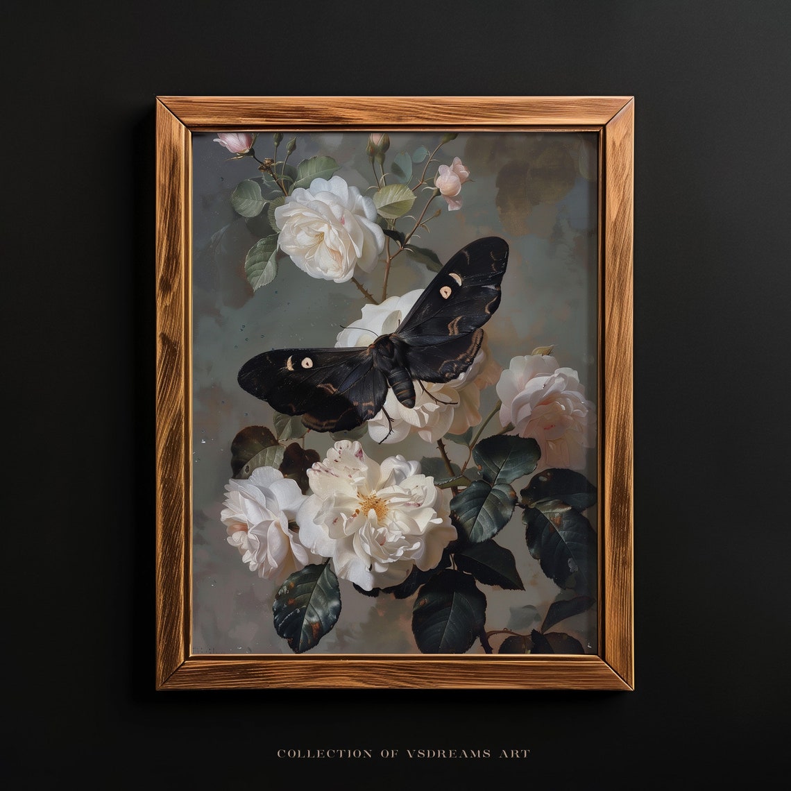 Black Moth White Roses Dark Floral Gothic Botanical Insect Poster
