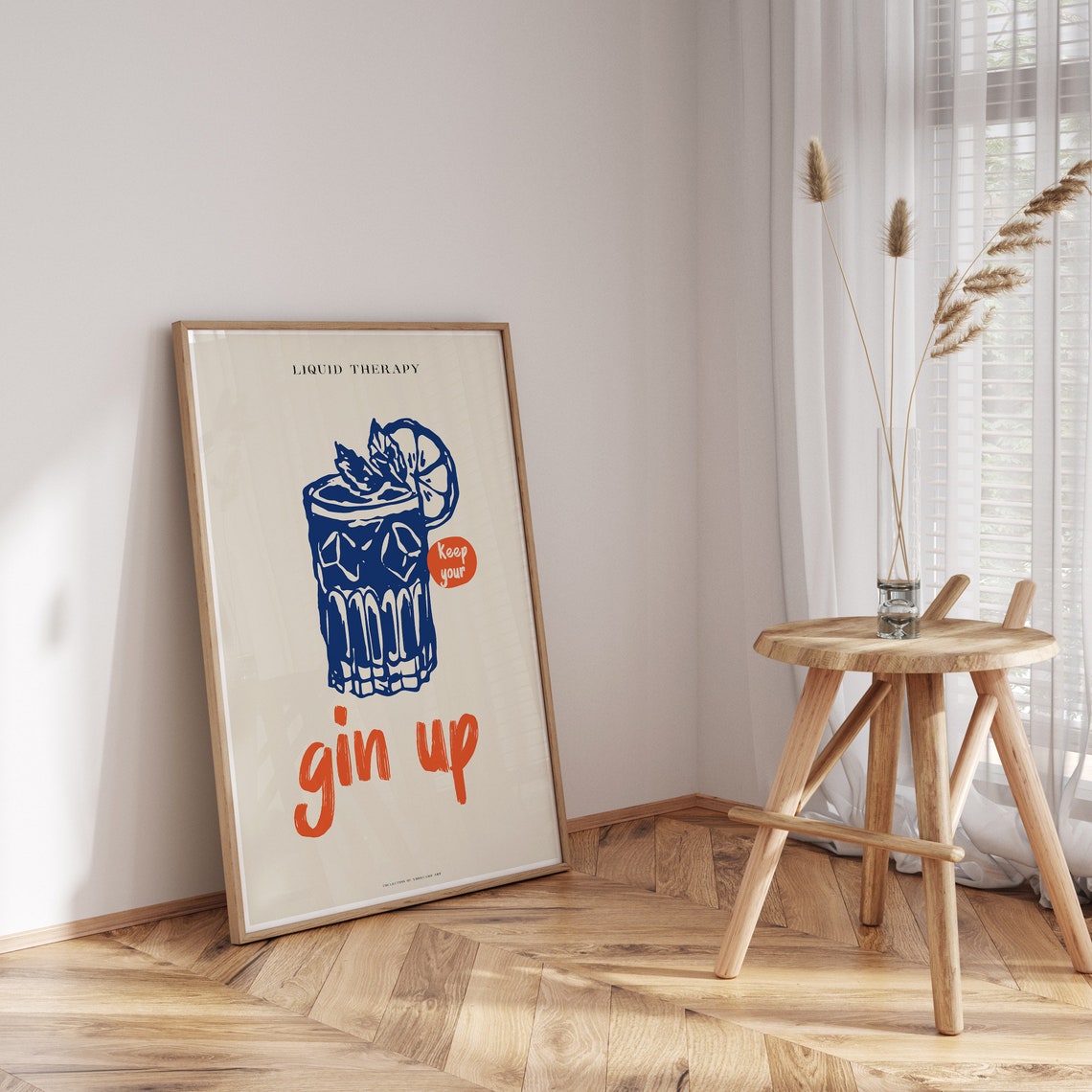 Liquid Therapy Gin Up Retro Blue Cocktail Glass Orange Script Poster - Image 3