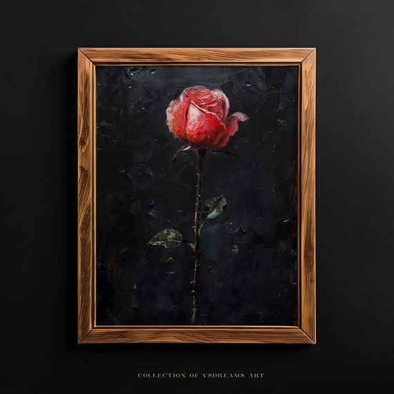Dark Romance Gothic Red Rose Painting Dark Academia Print Dark Oil Painting Dark Aesthetic Room Decor Moody Rose Poster Red Rose Print