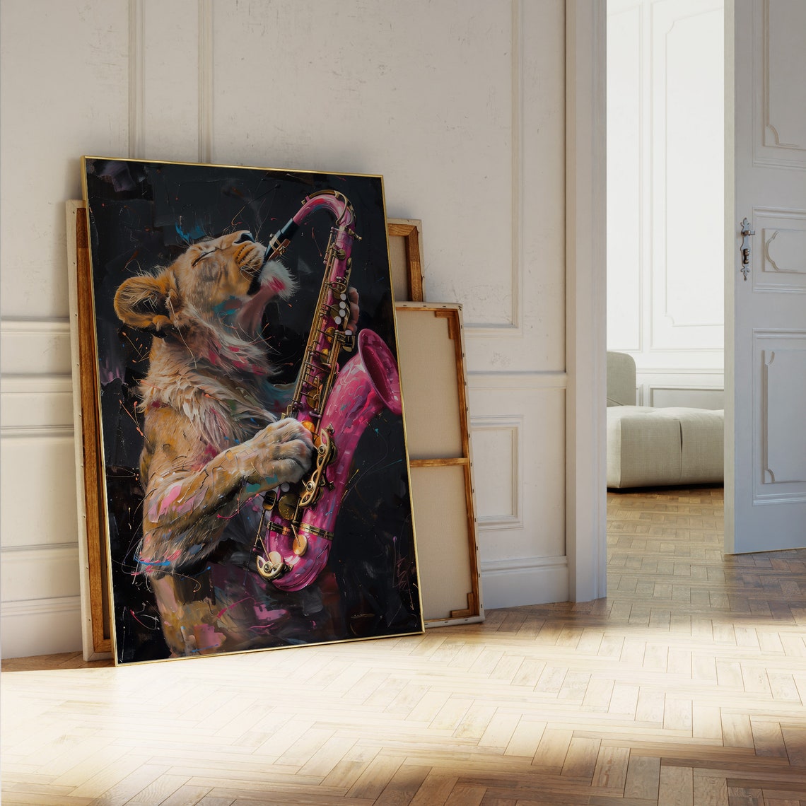 Lion Playing Pink Saxophone Neon Splash Bold Jazz Music Animal Poster - Image 5