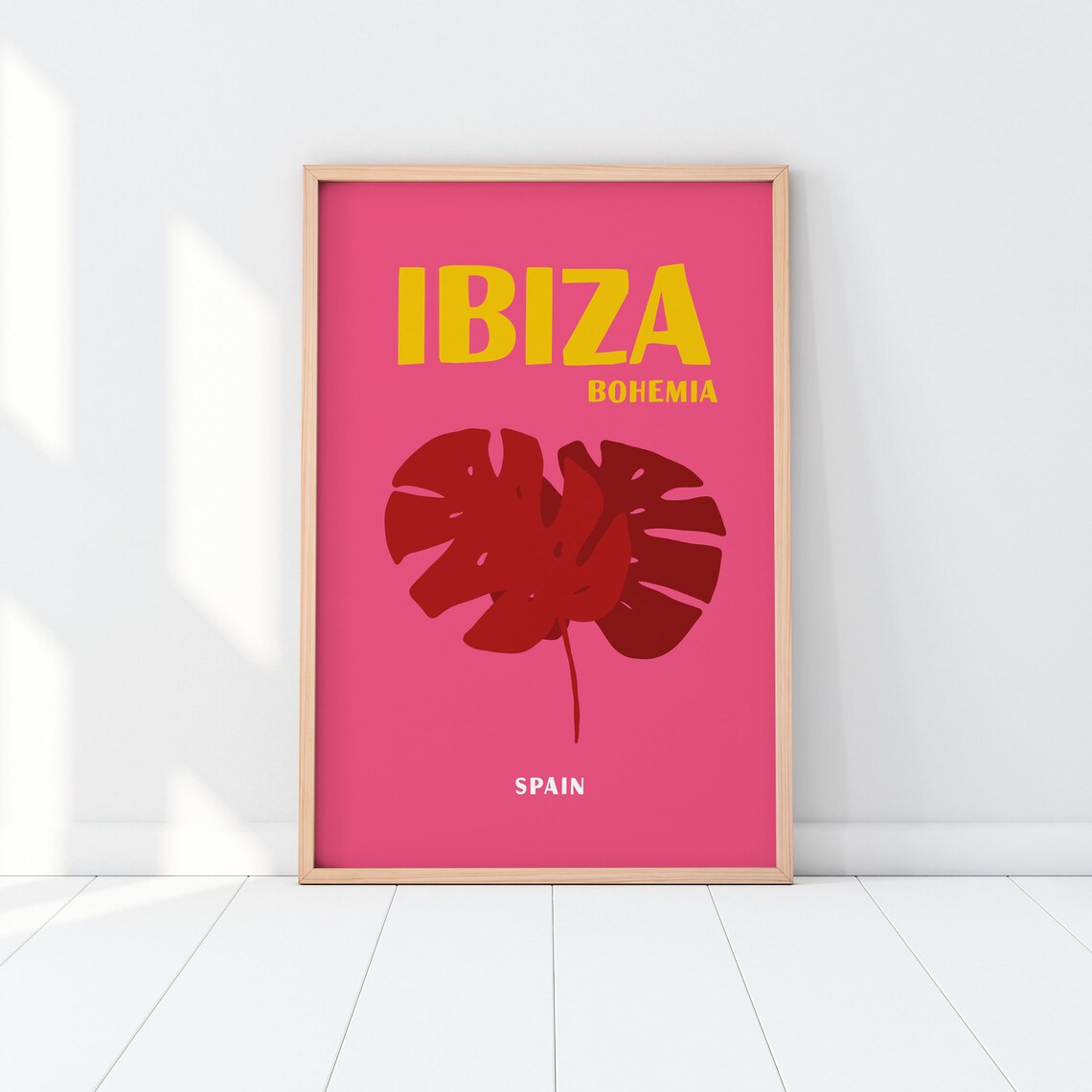 Ibiza Bohemia Spain Red Monstera Leaf Pink Tropical Travel Art Poster - Image 2