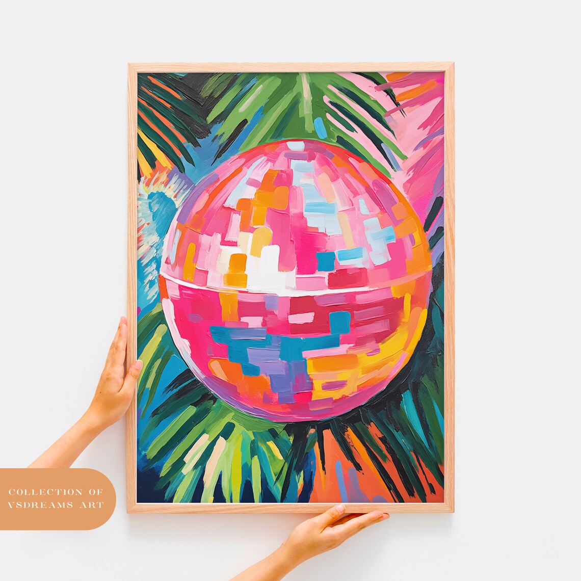 Colorful Pink Disco Ball Oil Painting With Tropical Palm Leaves Poster