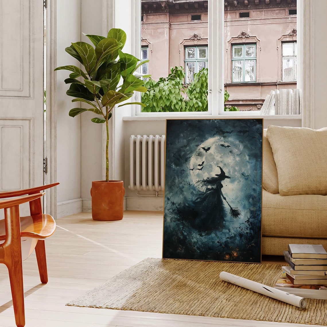 Witch Flying Across Full Moon Bats Magical Halloween Art Poster - Image 4