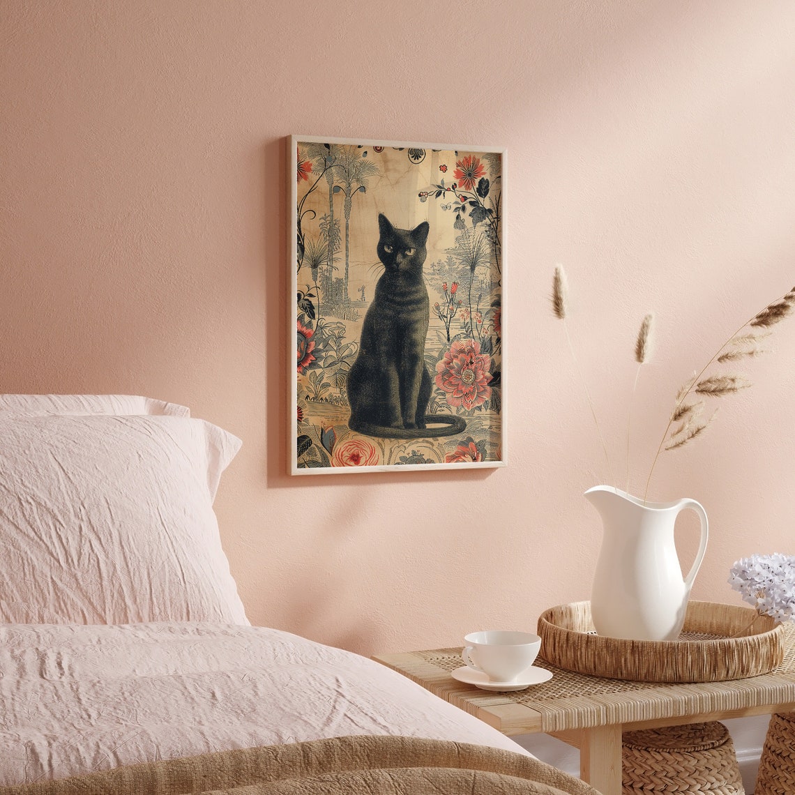 Vintage Black Cat Sitting Among Botanical Flowers Chinoiserie Poster - Image 4