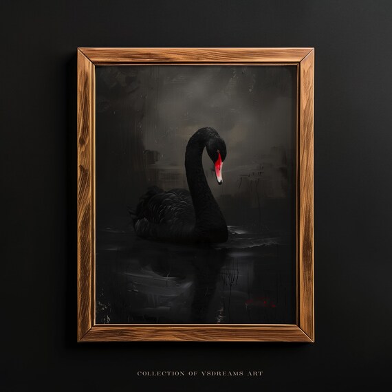 Black Swan Red Beak Dark Water Moody Victorian Gothic Painting Poster