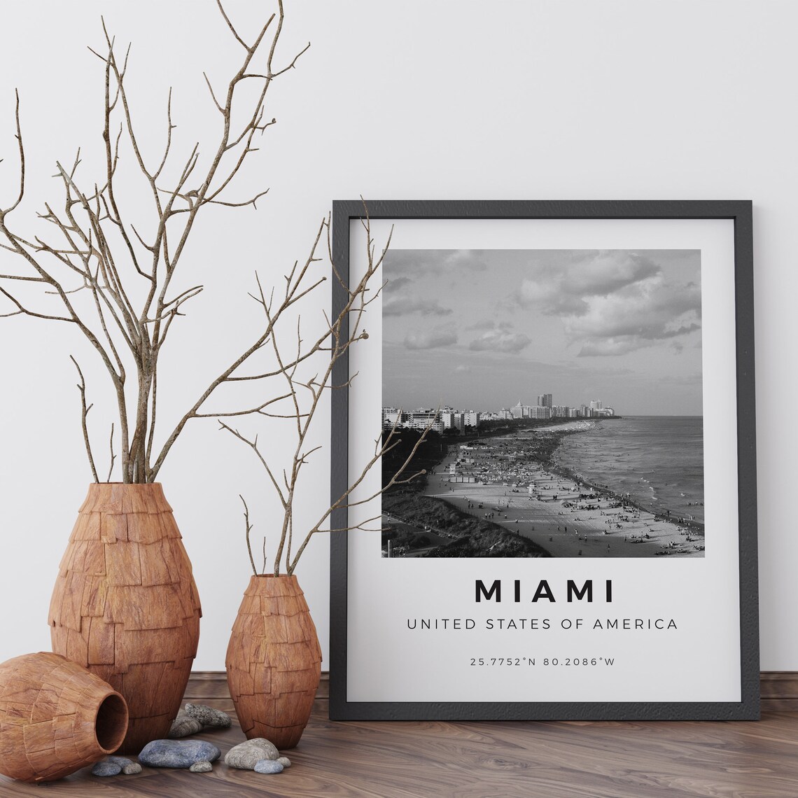 Miami Florida Black and White Beach Skyline Coordinates Poster - Image 4