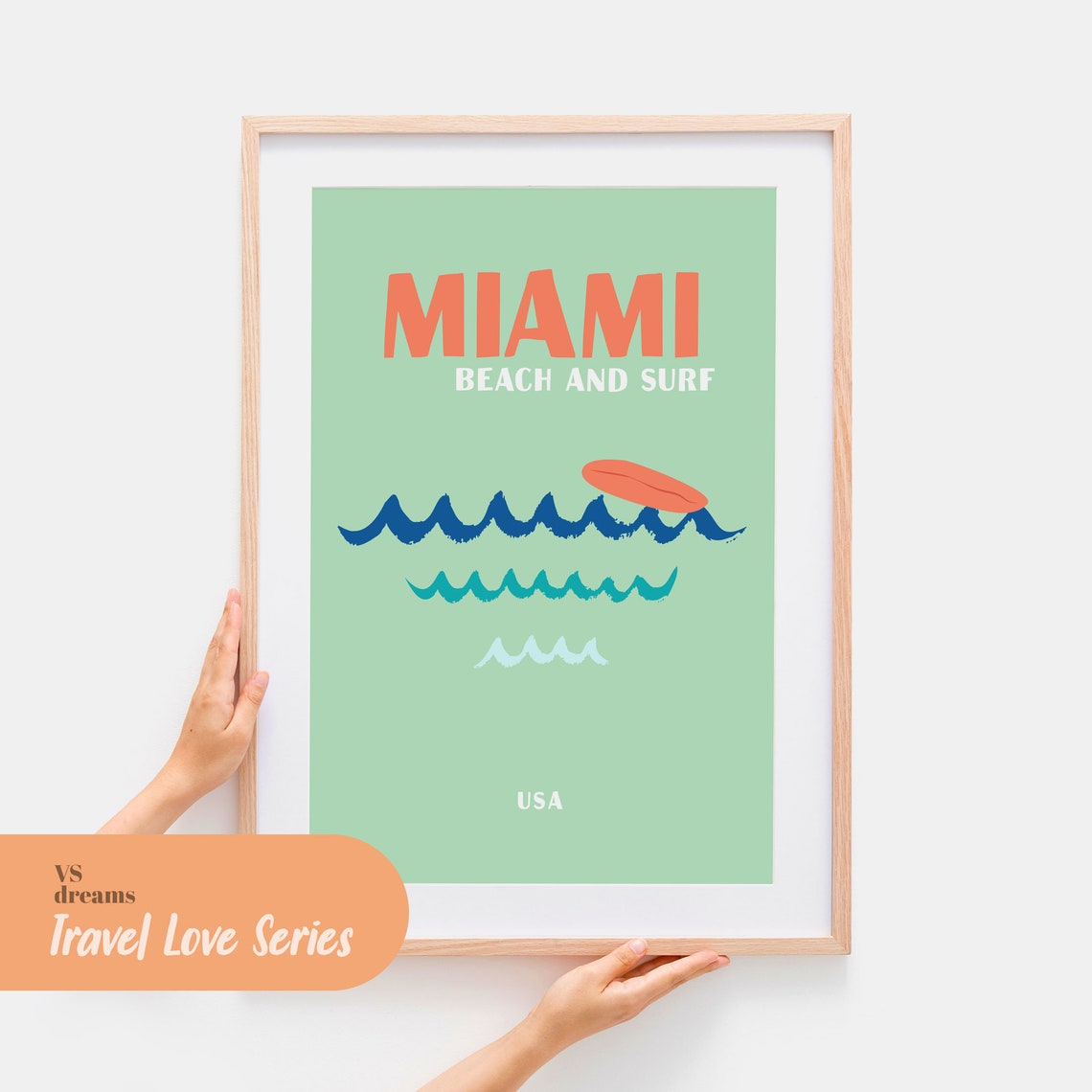 Miami Beach and Surf USA Green Waves Surfboard Retro Beach Art Poster
