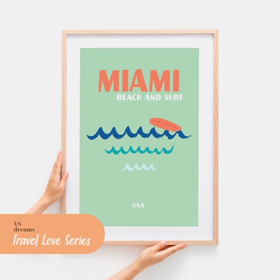 Miami Beach and Surf USA Green Waves Surfboard Retro Beach Art Poster