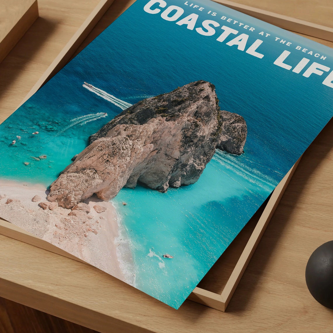Coastal Life Aerial Sea Stack Turquoise Beach Boats Ocean Photo Poster - Image 4