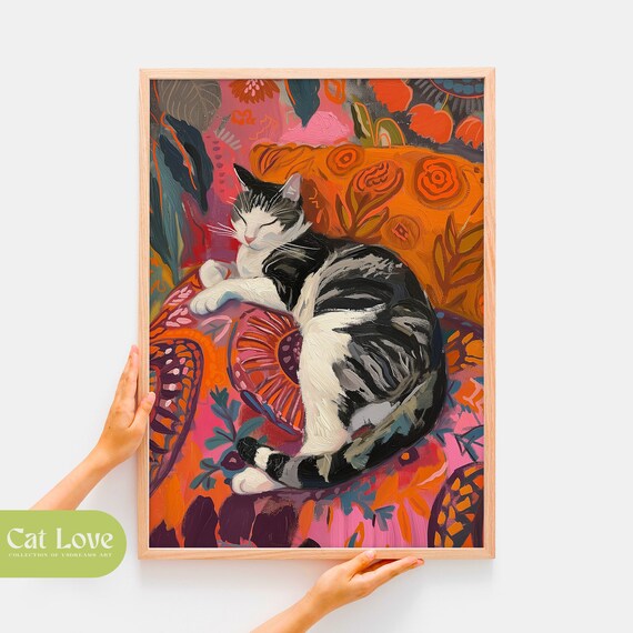 Sleeping Cat Oil Painting Colorful Floral Moroccan Style Cat Poster