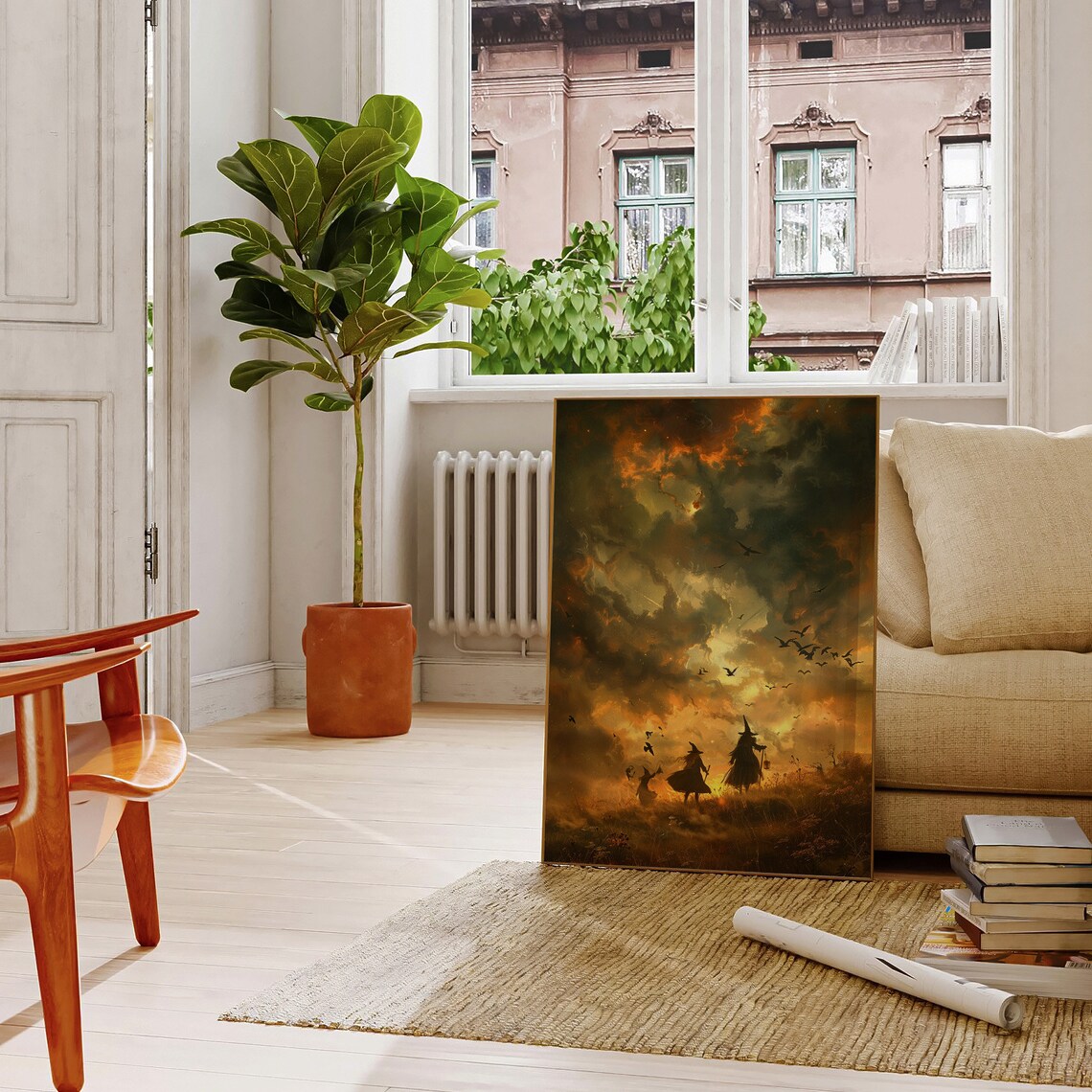 Witches Walking Golden Field Fiery Sky Fantasy Artwork Poster - Image 4