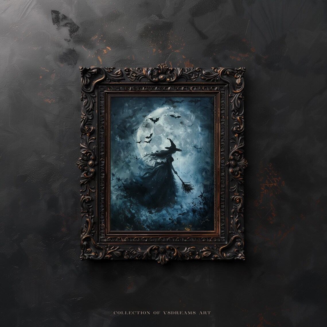 Witch Flying Across Full Moon Bats Magical Halloween Art Poster - Image 5