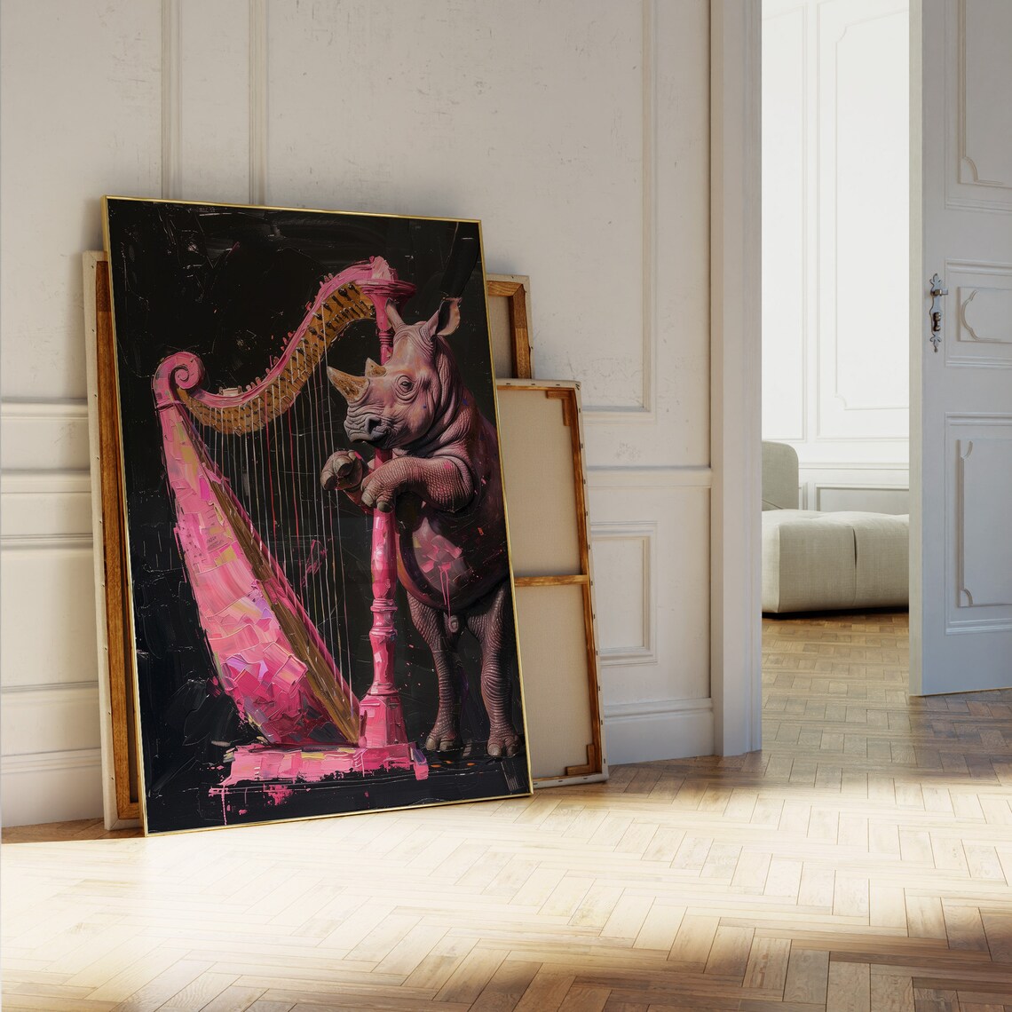Rhino Playing Pink Harp Neon Splash Whimsical Orchestra Music Art Poster - Image 5