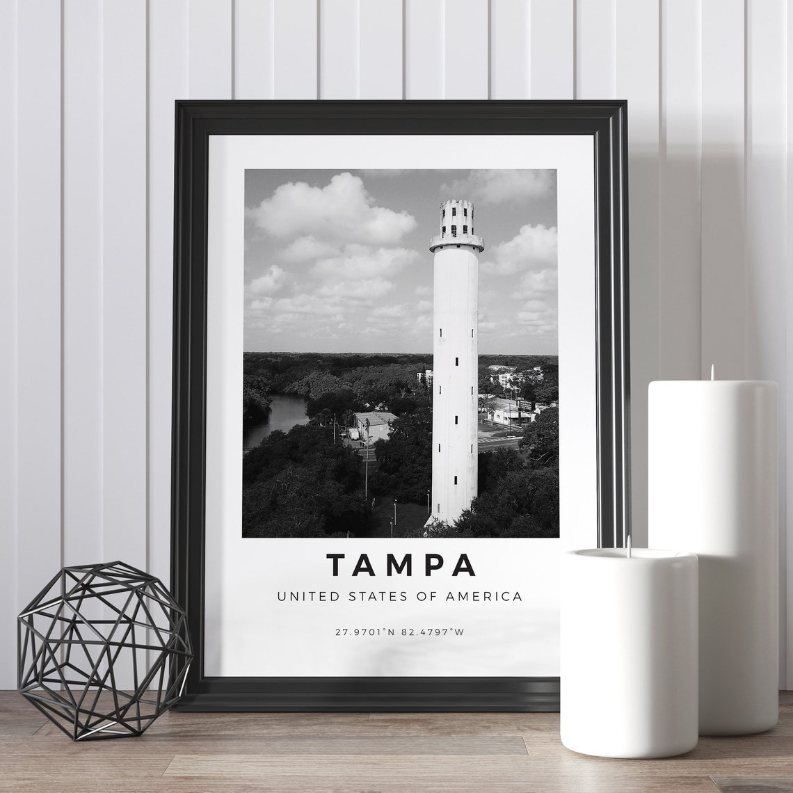 Tampa Florida Water Tower Black And White City Landmark Poster