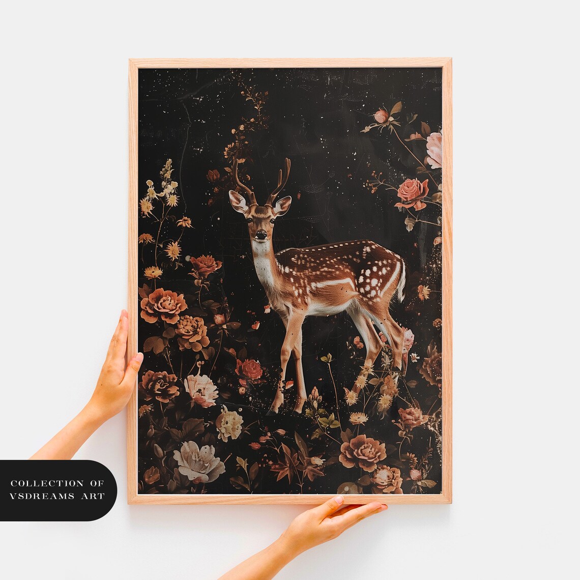 Fawn Deer Standing Dark Moody Floral Botanical Gothic Painting Poster - Image 3