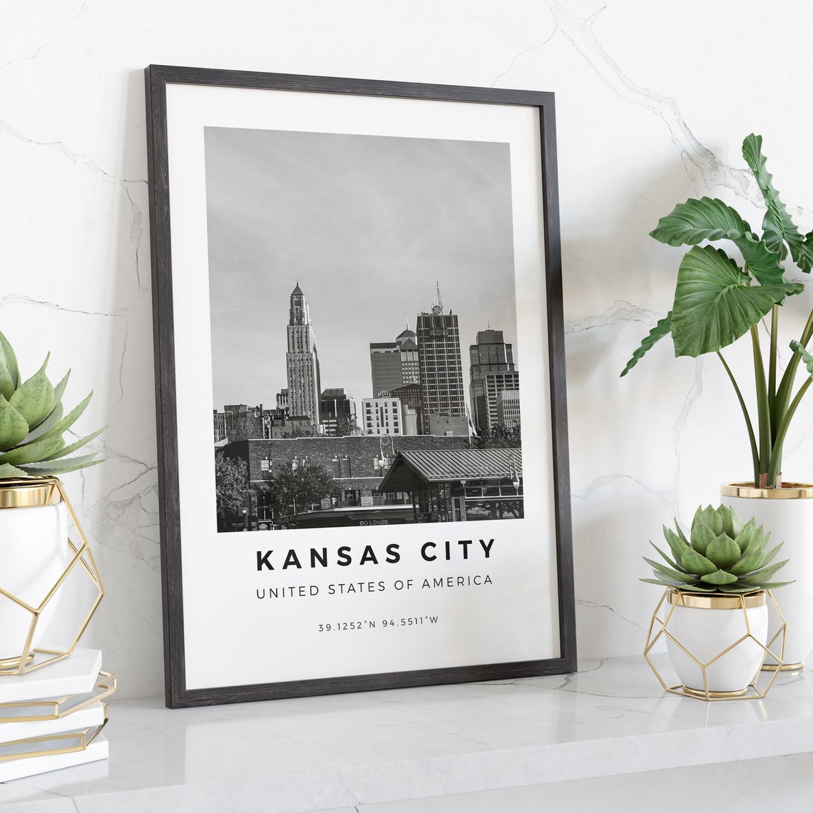 Kansas City Black and White Downtown Skyline Coordinates Poster - Image 4