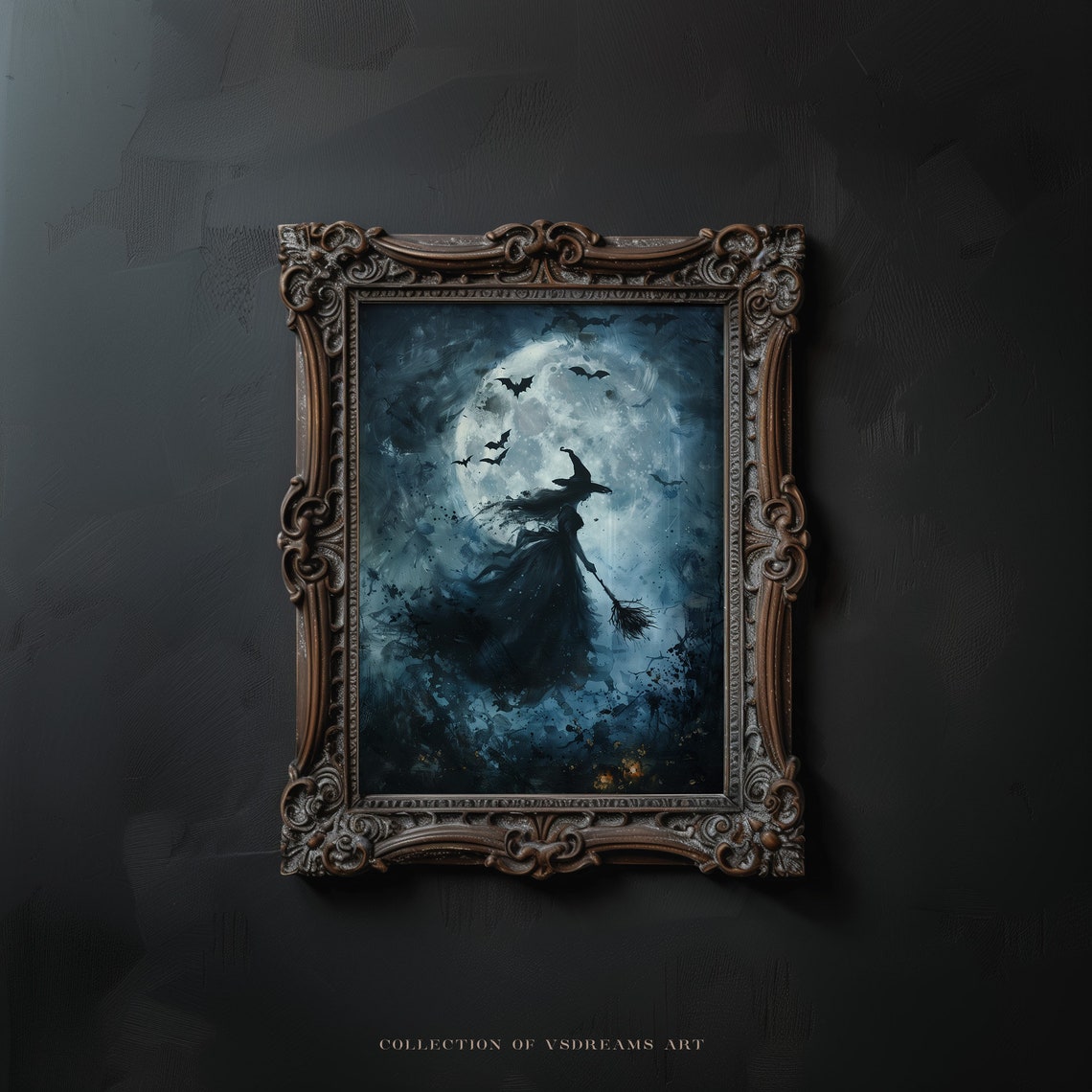 Witch Flying Across Full Moon Bats Magical Halloween Art Poster - Image 3