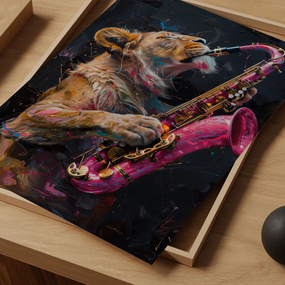 Lion Playing Pink Saxophone Neon Splash Bold Jazz Music Animal Poster - Image 4