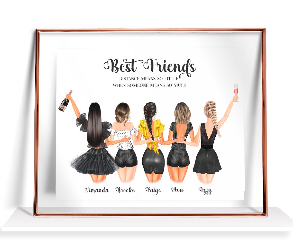 'Best Friends' Five Women Champagne Toast 'Distance' Quote Poster