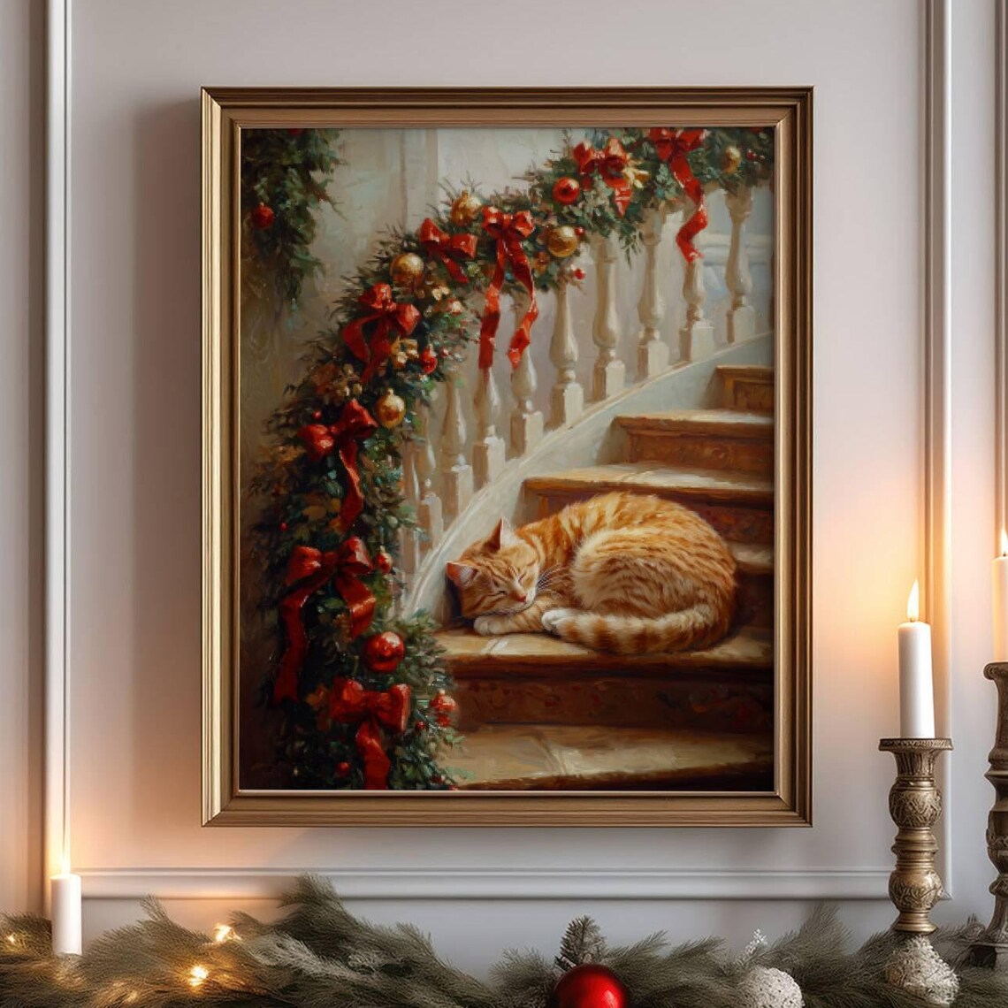 Ginger Cat Christmas Poster, Festive Holiday Wall Art
