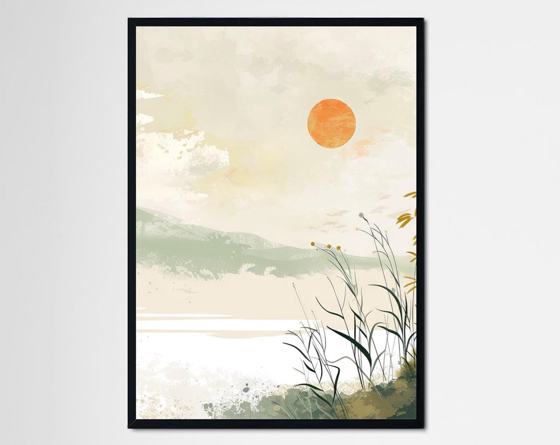 Japanese Sunrise Reeds Lake Minimalist Watercolor Landscape Poster