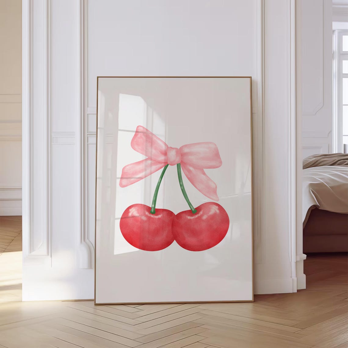 Sweet Cherries With Pink Bow Watercolor Coquette Style Poster - Image 2