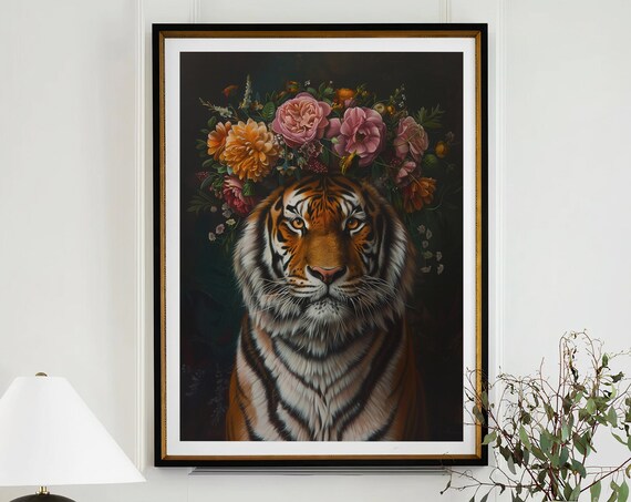 Tiger Wearing Rose Floral Crown Dark Botanical Portrait Poster