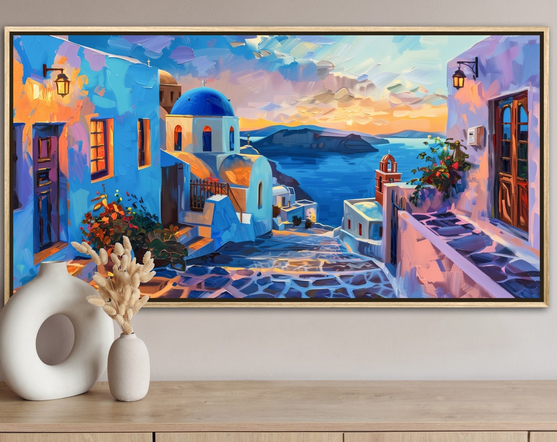 Santorini Greece Oia Blue Domes Sunset Caldera View Travel Poster