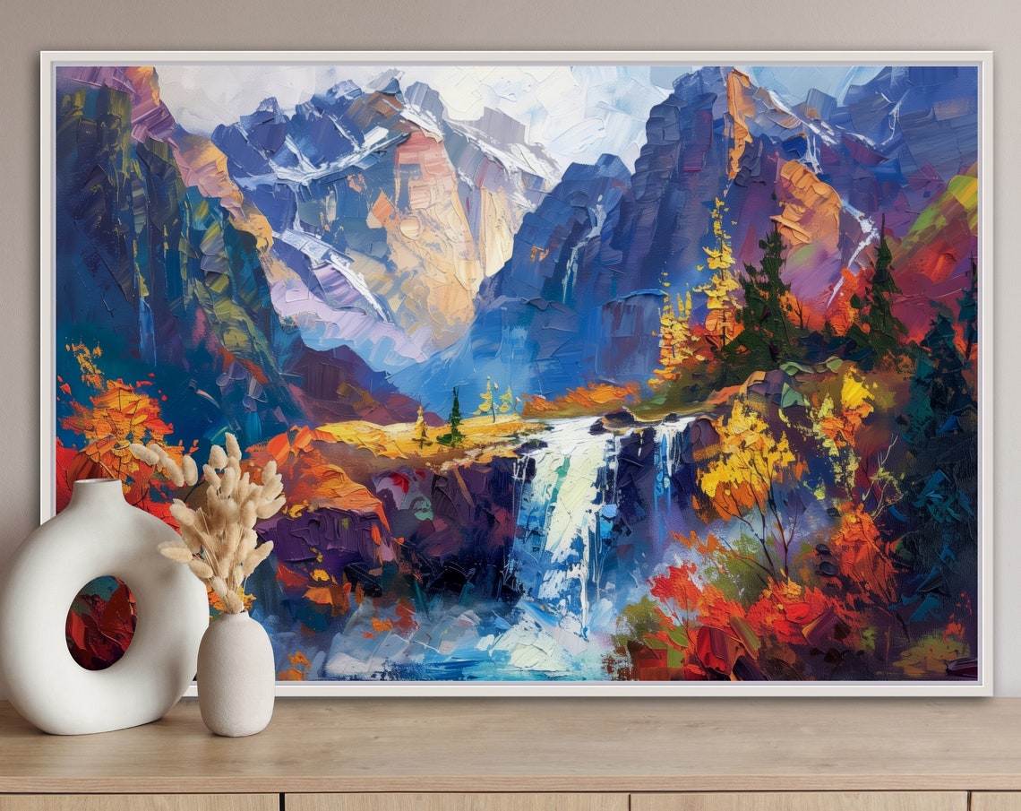 Autumn Mountain Waterfall Valley Impasto Landscape Travel Poster