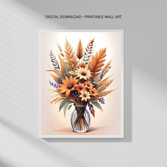 Modern Botanical Wall Art Print Autumn Floral Bouquet Minimalist Decor