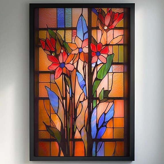 Stained Glass Flower Poster Amber Background Red Blooms Botanical Art