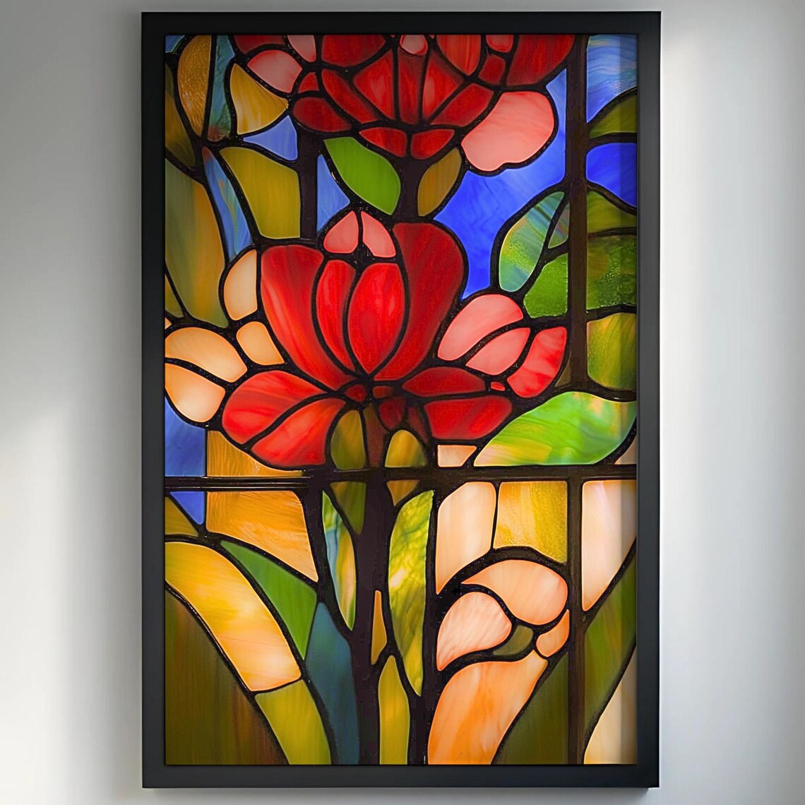 Red Flower Stained Glass Poster Close Up Floral Window Art Style Design