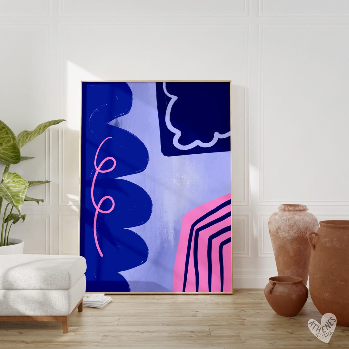 Bold Blue Pink Abstract Shapes Modern Mid Century Funky Wall Art