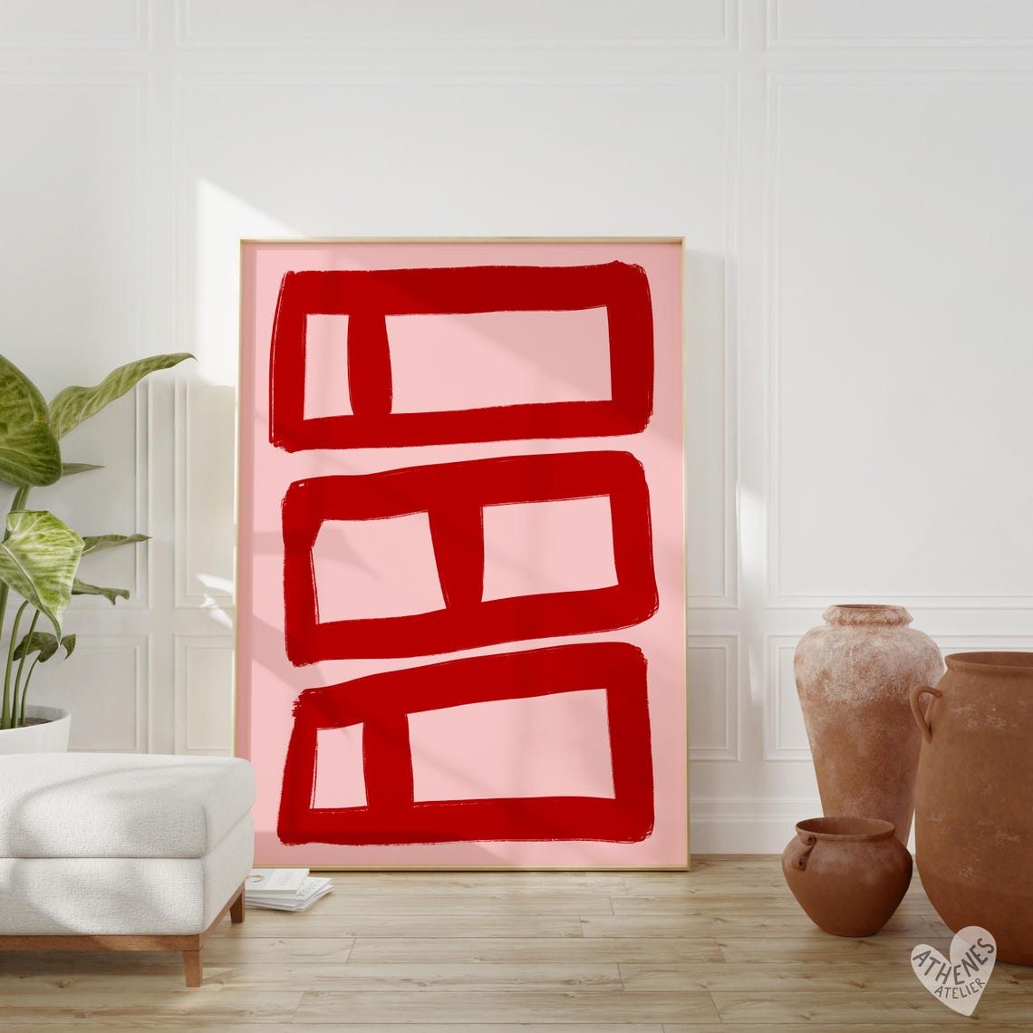 Red on Pink Hand Drawn Abstract Blocks Modern Minimalist Wall Art