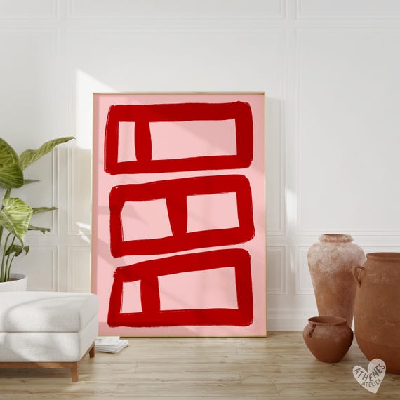 Abstract Print Pink And Red Shapes Minimalist Art Peaceful Bedroom Above Bed Living Room Wall Hand Drawn Danish Pastel