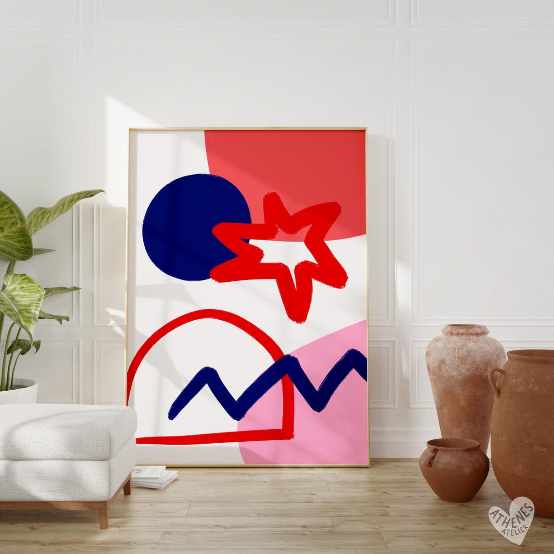 Playful Red Blue Pink Shapes Fun Bold Childrens Abstract Wall Art