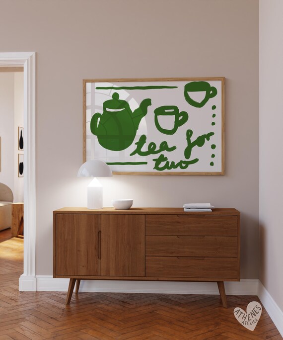 Tea for Two Green Hand Drawn Teapot Kitchen Decor Wall Poster