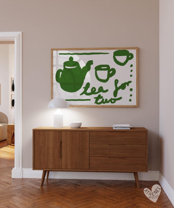 Tea For Two Horizontal Kitchen Prints Dark Green Wall Art Home Decor New Apartment Gift Poster