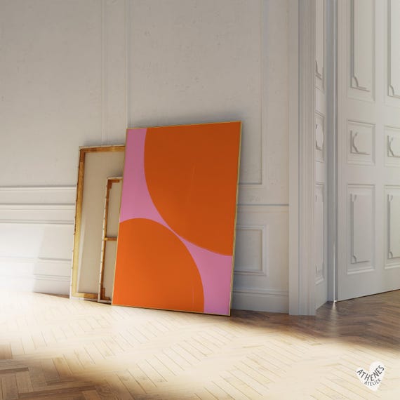 Abstract Print Pink And Orange Shapes Minimalist Art Colorful Mid Century Above Bed Living Room Hand Drawn Pastel Simple Modern