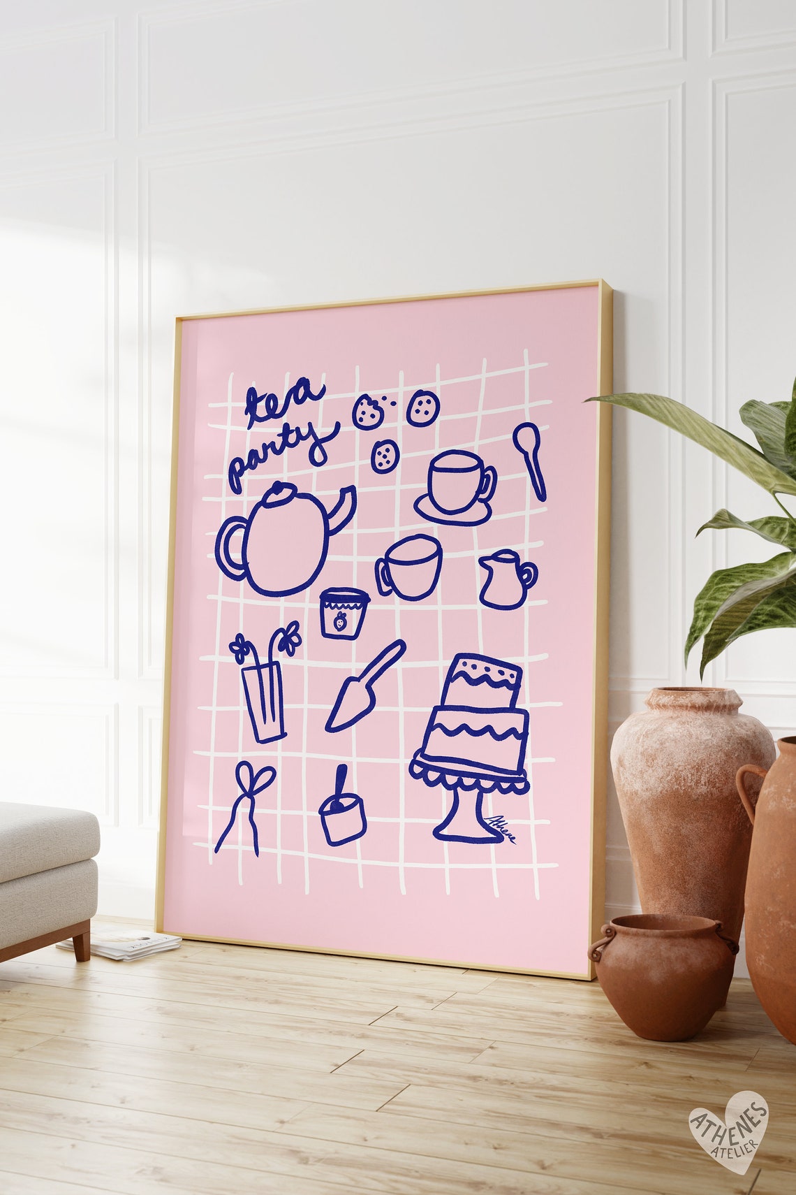 Tea Party Pink Doodle Teapot and Cake Playful Retro Kitchen Poster