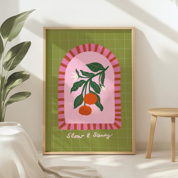 Modern Botanical Wall Art Orange Fruit Decor Abstract Tangerine Illustration Maximalist Print Green Pink Poster Colorful Flowers