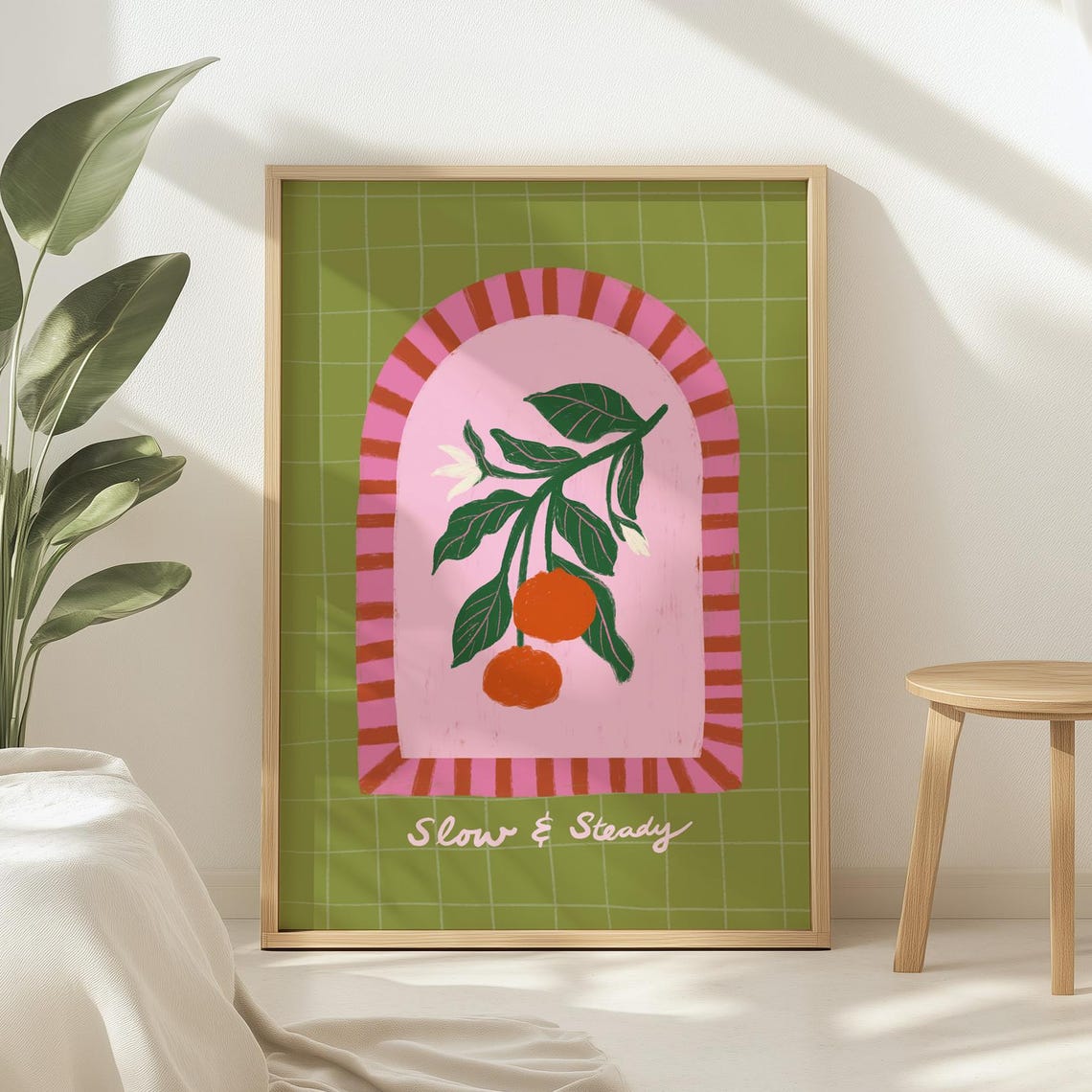 Slow and Steady Orange Botanical Arch Green Grid Retro Kitchen Poster