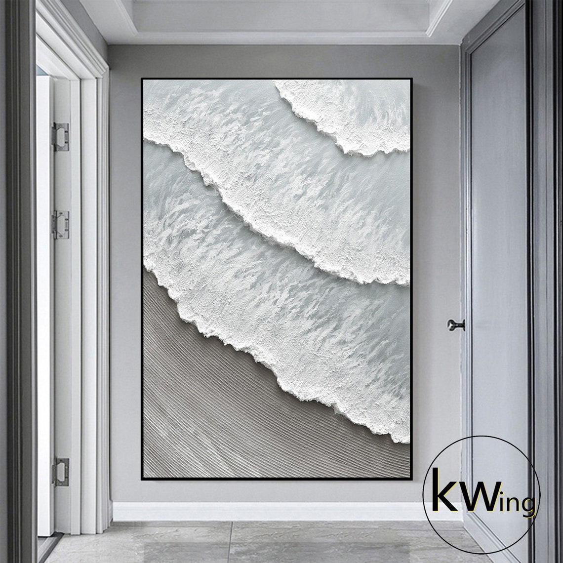 Aerial White Ocean Waves Gray Sand Textured Coastal Art Poster - Image 3
