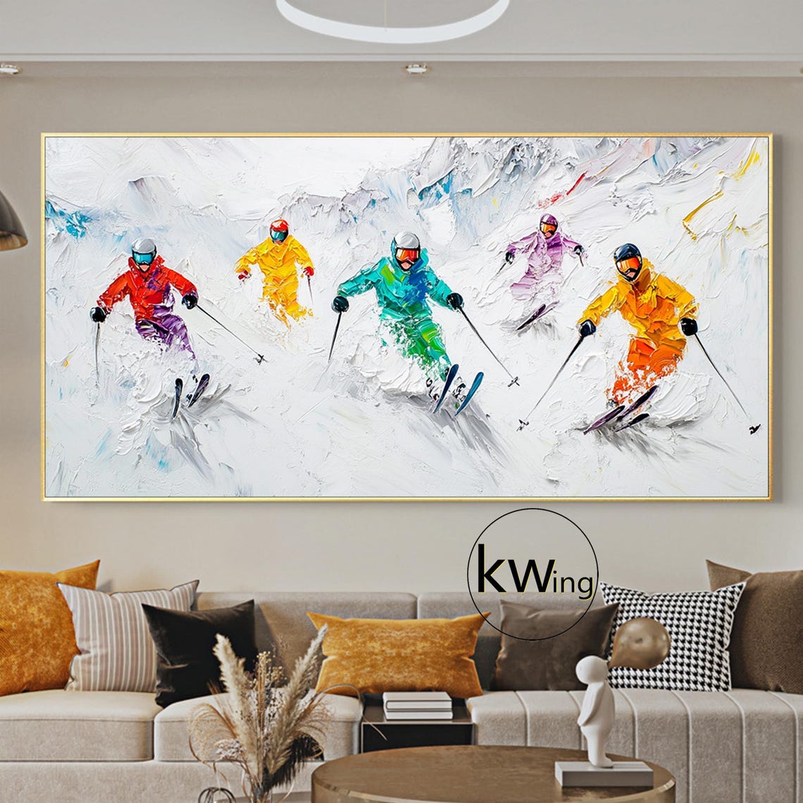 Five Colorful Skiers Racing Down Snowy Mountains Impasto Style Poster - Image 2