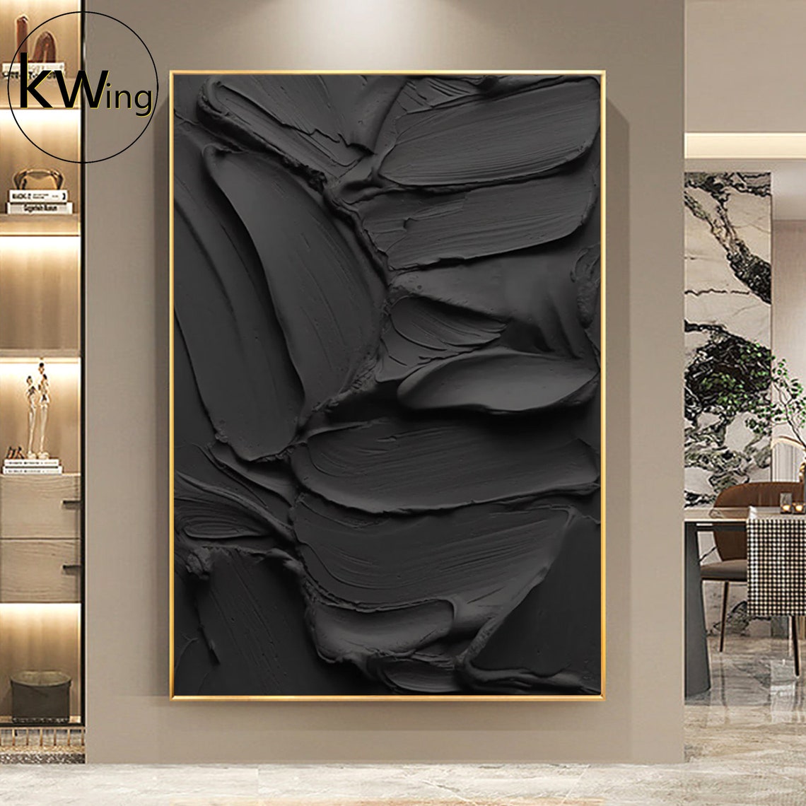 Black 3D Plaster Texture Abstract Painting Moody Minimalist Art Poster - Image 3