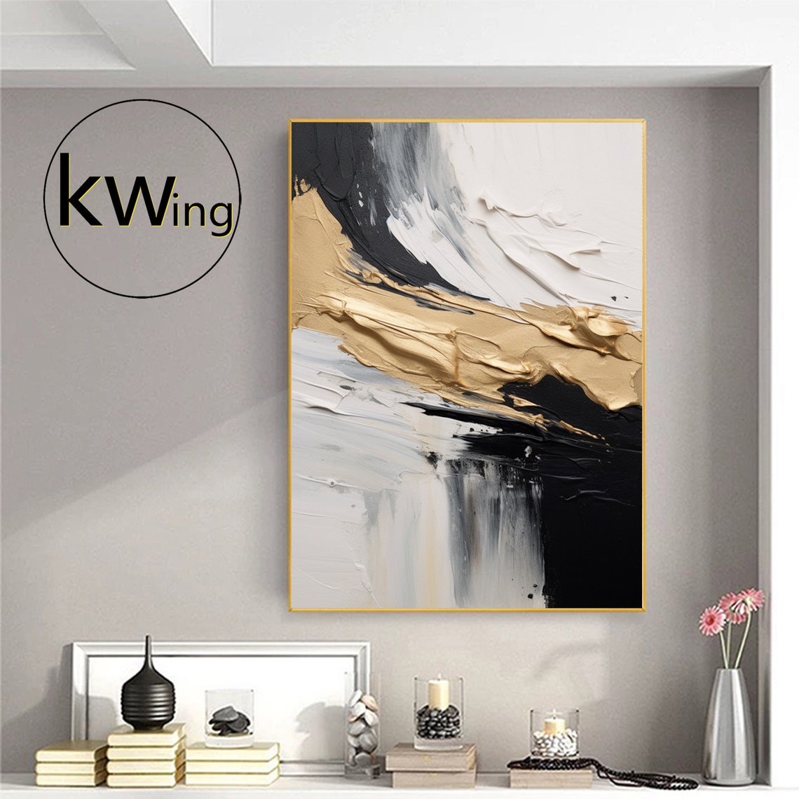 Black White Gold Abstract Texture Painting Ribbon 3D Art Wall Poster - Image 3