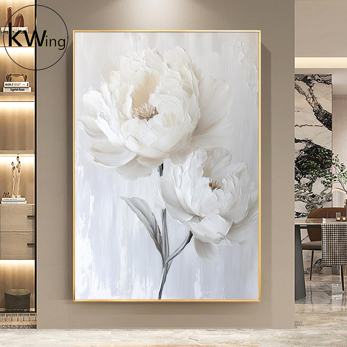 White Peony Blossom 3D Texture Painting Elegant Floral Wall Art Poster - Image 4